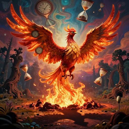 Vivid digital artwork of a fiery phoenix with wings spread, holding clock faces, surrounded by floating hourglasses and surreal forest.