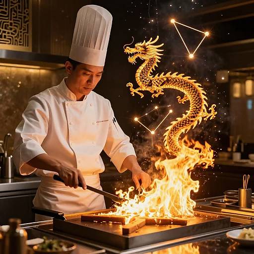 Photograph of an Asian male chef in a white uniform and hat, cooking with a flaming grill, creating a glowing, dragon-shaped fire against a dark