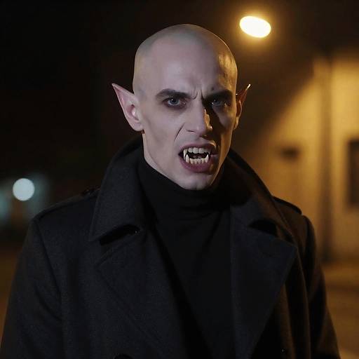 Mysterious Bald Man with Fangs at Night