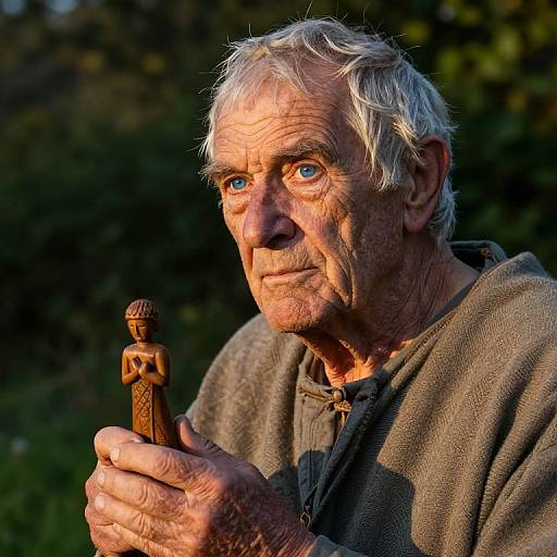 Photograph of an elderly man with white hair, blue eyes, and wrinkled skin, holding a wooden carving, wearing a brown hoodie, against a
