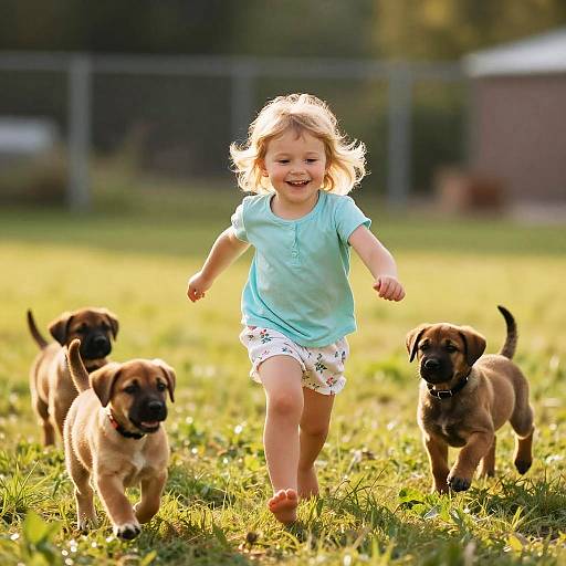 Happy Little Girl Running with Puppies in Field