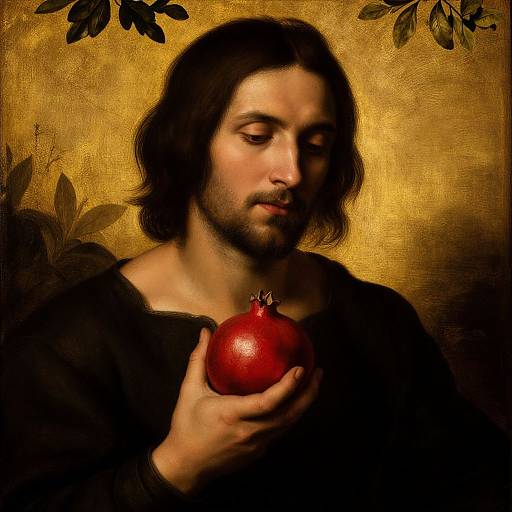 Photograph-style digital art of Jesus with shoulder-length dark hair, beard, black robe, holding a shiny red pomegranate, golden background with