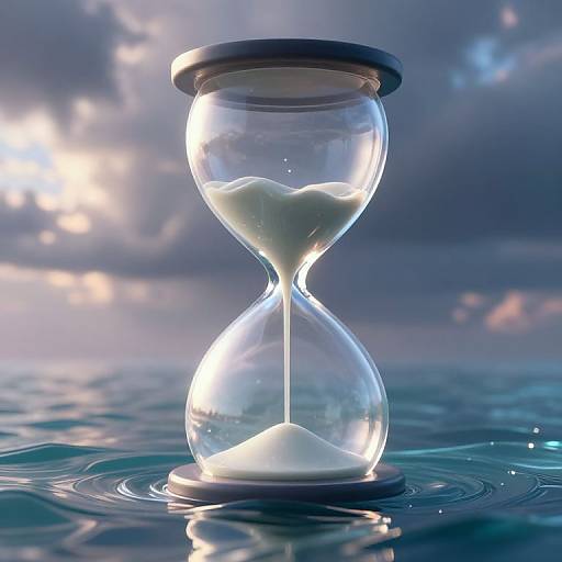 Photograph of a clear hourglass with white sand, standing in rippling water under a dramatic, cloudy sky. Sunlight filters through clouds, creating
