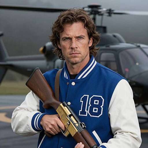 Intense Man with Rifle in Misty Scene