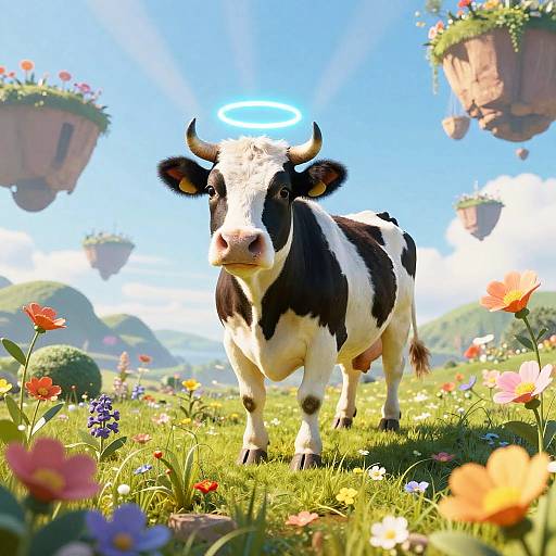 Digital artwork of a black-and-white cow with a glowing halo standing in a vibrant, flower-filled meadow with floating flower pots.