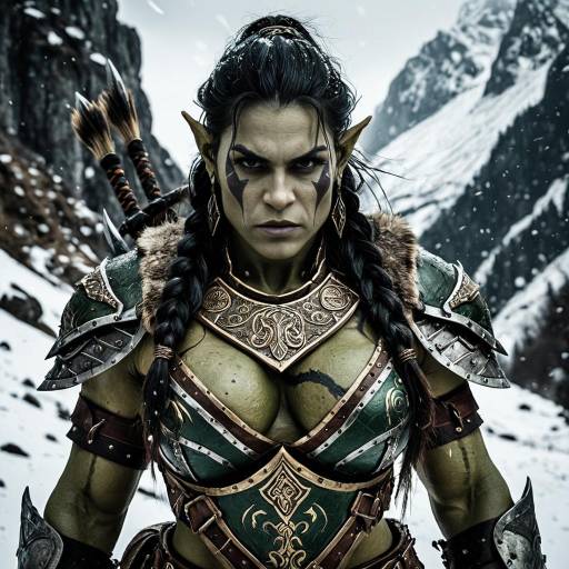 Fierce Female Orc Warrior in Snowy Mountains
