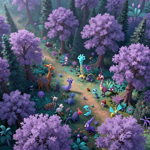 Vibrant digital illustration of a whimsical forest with colorful, fantastical creatures among purple-tinted trees, glowing light filtering through.