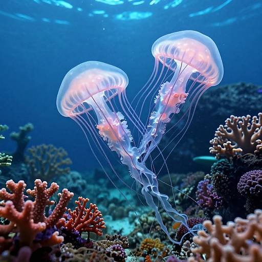 Photograph of two glowing, translucent jellyfish with pink-tipped tentacles floating above a colorful coral reef in a deep blue ocean.