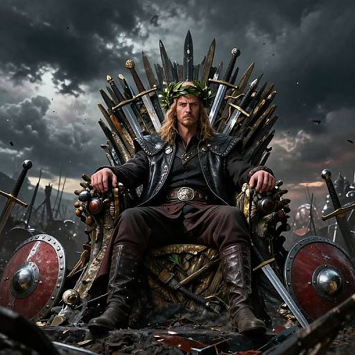 Photograph of a long-haired, serious-looking man in medieval armor, seated on a throne made of numerous swords, under a stormy sky. Dark