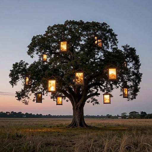 Photograph of a large tree at dusk, illuminated by glowing lanterns hanging from its branches, set against a twilight sky and expansive grassy field.