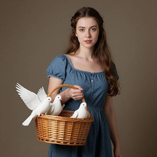 Photograph of a young woman with long brown hair in a blue dress, holding a wicker basket with three white doves. Brown background.