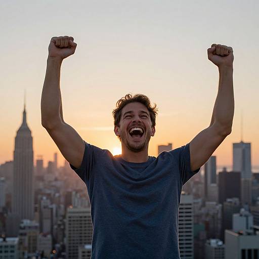 Photograph of a joyful, dark-haired man with raised fists, wearing a gray t-shirt, against a city skyline at sunset.