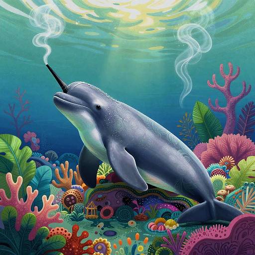 Digital illustration of a smiling dolphin with a smoking pipe, swimming in a vibrant, colorful underwater coral reef. Sunlight filters through the water, illuminating
