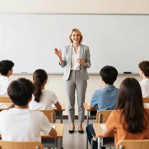 Bright Classroom Teacher Gesturing with Smile