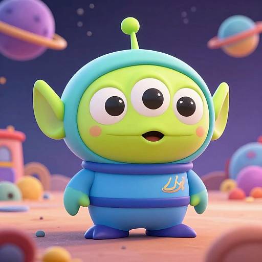 CGI image of a cute, green, alien-like character with large eyes, wearing a blue spacesuit, standing on a colorful, planetary-themed asteroid