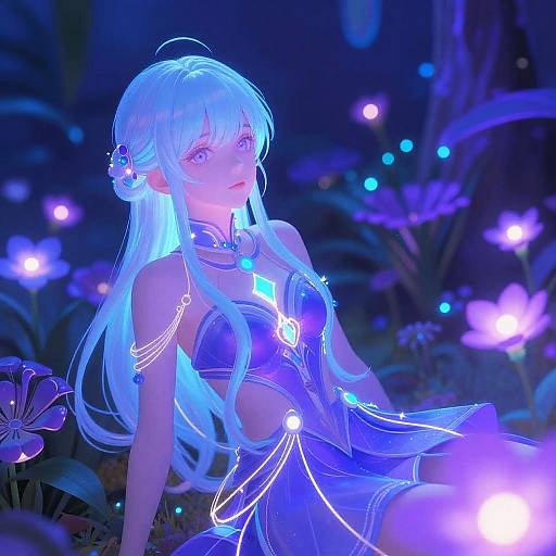 Digital anime-style artwork of a glowing blue-haired elf in a luminous, revealing outfit, surrounded by ethereal blue and purple flowers in a dark,