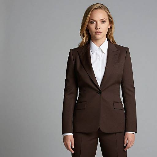 Photograph of a serious-looking blonde woman in a black suit with a white shirt, standing against a plain gray background.