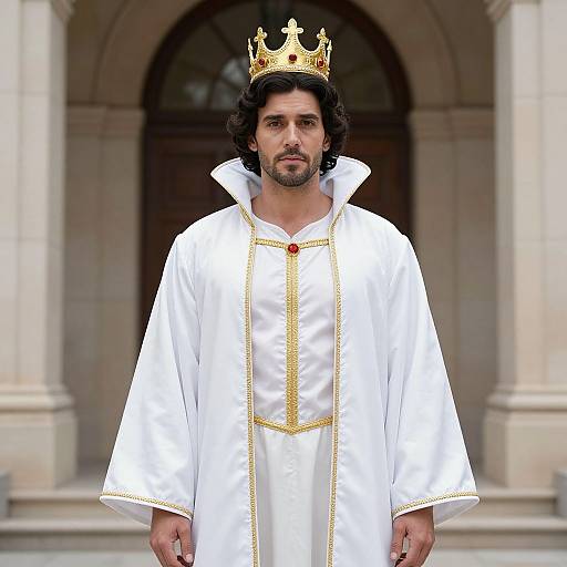 Photograph of a bearded man with dark hair wearing a white, gold-embroidered clerical robe and a gold crown, standing in front