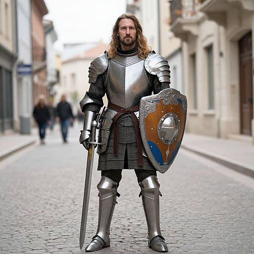 Photograph of a bearded, long-haired man in medieval silver armor, holding a sword and shield, standing on a cobblestone street. Bl