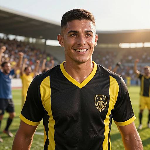 Photograph of a smiling, young male soccer player with short dark hair, wearing a black and yellow jersey, standing on a sunlit field with cheering