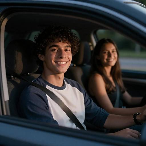 Smiling Young Couple Night Drive
