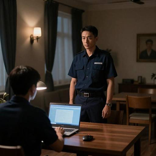 Two men in uniform in dimly lit office