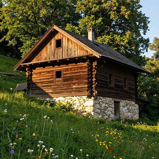 Photograph of a rustic wooden cabin with stone foundation, surrounded by lush greenery and colorful wildflowers, bathed in warm sunlight.