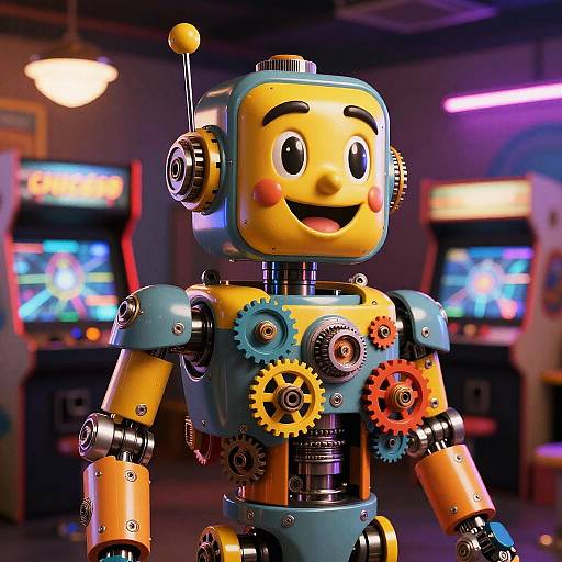 Photograph of a colorful, retro-style animatronic robot with a smiling yellow face, blue and yellow body, and visible gears in a dimly