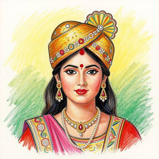 Vibrant Oil Pastel Indian Woman Portrait