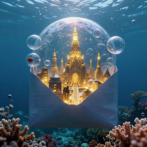Photograph of a glowing, intricate castle inside a clear, bubble-covered snow globe, set against a deep blue underwater coral reef background.