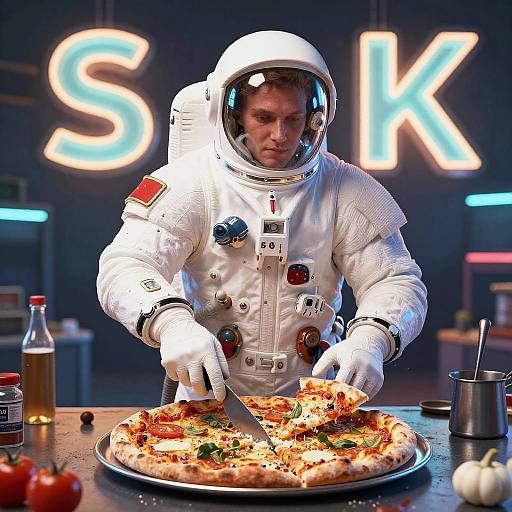 Photograph of a male astronaut in a white spacesuit eating pizza with pepperoni and green basil in a neon-lit kitchen.