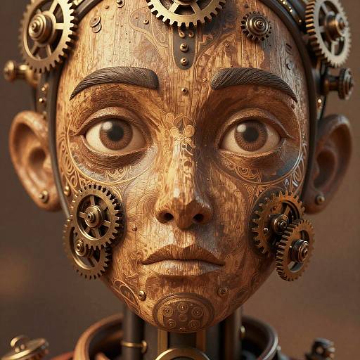 Close-up photograph of a steampunk-style, bronze mechanical head with intricate gears, cogs, and detailed facial features, set against a blurred brown