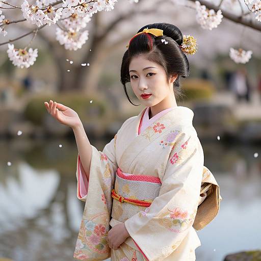 Photograph of an elegant Japanese woman in a floral kimono, standing by a cherry blossom tree with petals falling, near a serene river.