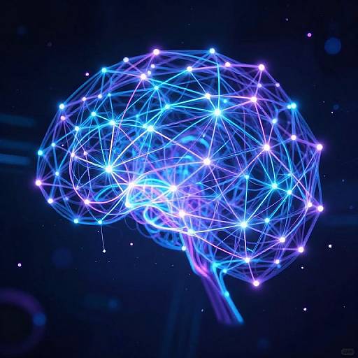 Digital artwork of a glowing, blue and purple neon network sphere resembling a brain against a dark, starry background.