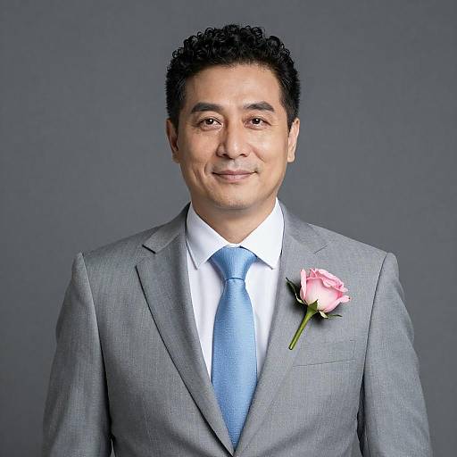 Middle-aged Man in Gray Suit with Pink Rose Boutonniere