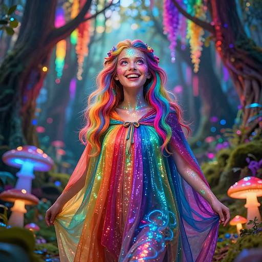 Digital fantasy artwork of a smiling, rainbow-haired fairy in a colorful, sparkling dress standing among glowing mushrooms in a vibrant, enchanted forest.