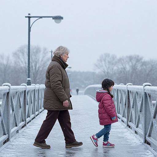 Photograph of an elderly woman in a brown coat walking on a snowy pedestrian bridge with a young girl in a red puffer jacket. Overcast,