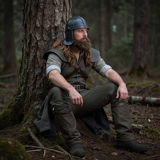 Photograph of a bearded man with long brown hair, wearing a medieval helmet, gray shirt, and dark vest, sitting against a forest tree.