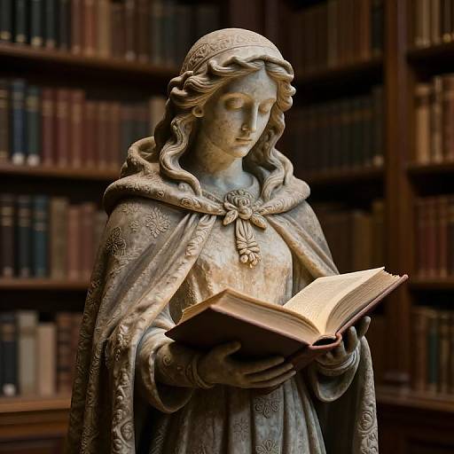Photograph of a detailed stone statue of a serene woman with wavy hair, wearing a patterned cloak, reading an open book in a dimly