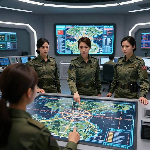 Female Military Operators Strategizing in High-Tech Command Center