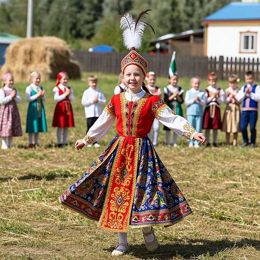 Photograph of a young girl in traditional Eastern European folk dress with red vest, blue skirt, white blouse, and white feathered headpiece, dancing