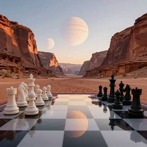 Photorealistic digital art of a chessboard set in a desert canyon at sunset, with black and white pieces and sunlit red rock formations in the
