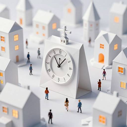 Photograph of miniature white houses with orange lights, people, and a large white clock in the center, creating a surreal, time-themed village.