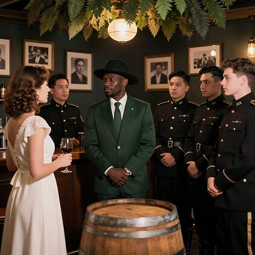 Vintage Bar Scene with Green-Suited Gentleman