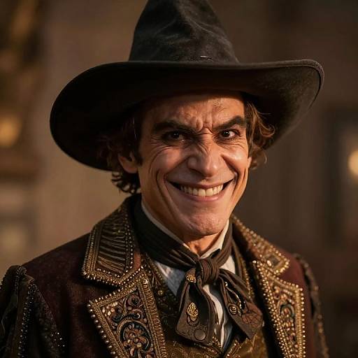 Photograph of a smiling man with dark curly hair, wearing a black witch hat, ornate brown coat with gold embellishments, and black bow tie