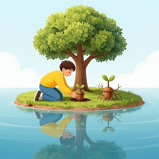 Illustration of a man in a yellow shirt planting a sapling on a small island in a reflective blue pond, with a larger tree and another seed