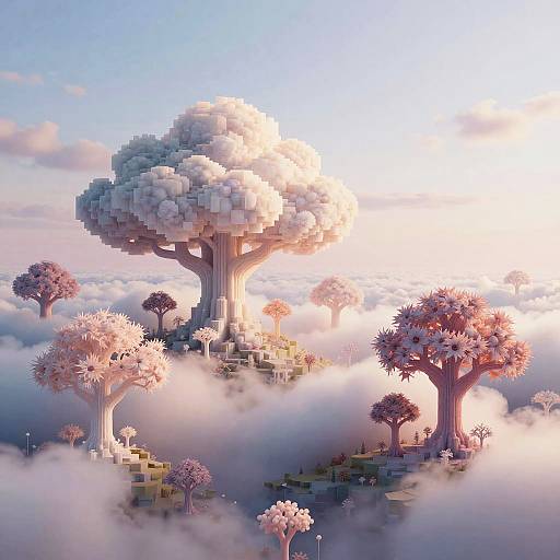 Digital artwork of a surreal, pixelated island with towering, fluffy white trees, surrounded by pink-tinged clouds and smaller trees, bathed in
