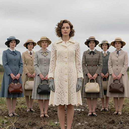Woman in Cream Lace Coat Standing in Field with Group of Women in Vintage Clothing