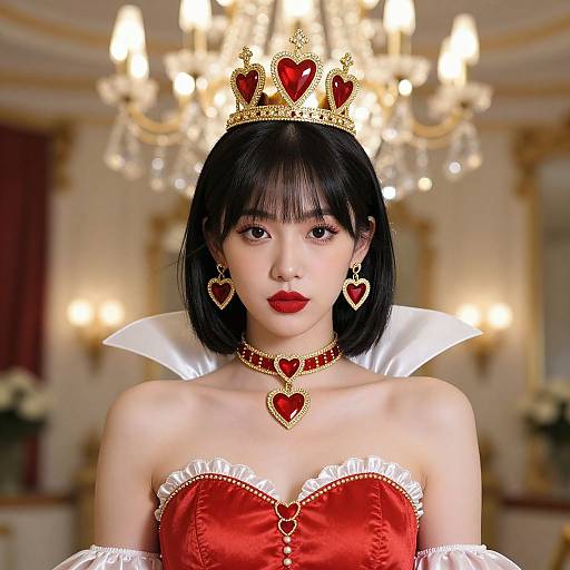 Digital art of an East Asian woman with black bob, red heart crown, matching necklace, earrings, red satin dress with white frills, in a