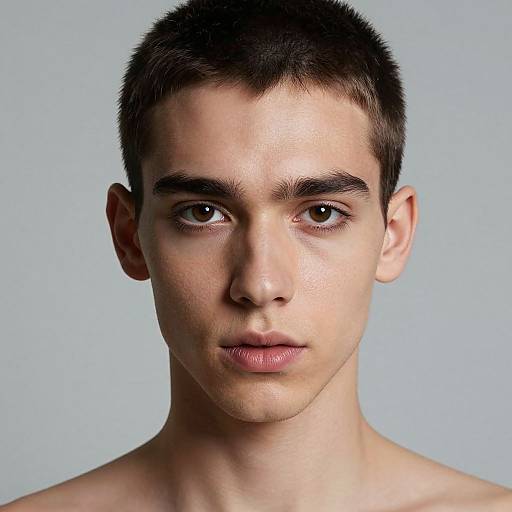 Photograph of a young, shirtless man with short dark hair, light skin, brown eyes, and neutral expression against a plain light blue background.